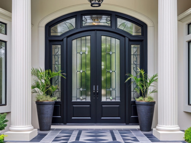 Main door to the luxury house with spring decoration, beautiful elegant entrance to the house, modern and elegant door, Spring time, Mockup