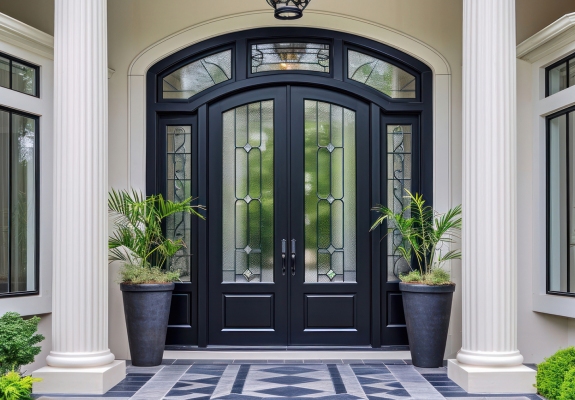 Main door to the luxury house with spring decoration, beautiful elegant entrance to the house, modern and elegant door, Spring time, Mockup
