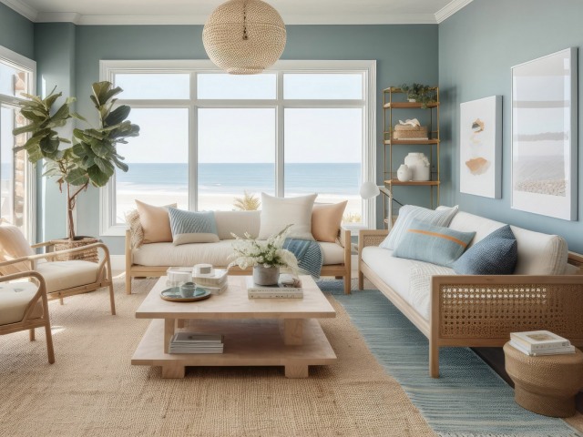 Large Living Room with a Serene Sea View Using Generative AI