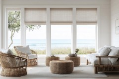 Beach house living room with rattan furniture, soft pastel tones, and large windows framing ocean views, photorealistic, cozy coastal comfort