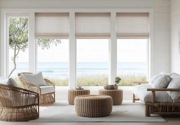 Beach house living room with rattan furniture, soft pastel tones, and large windows framing ocean views, photorealistic, cozy coastal comfort