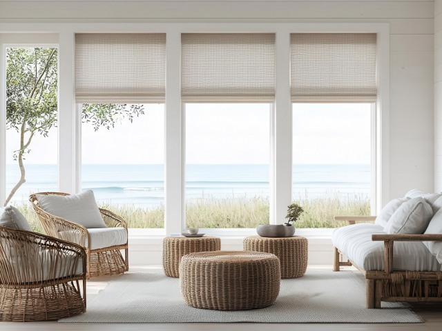 Beach house living room with rattan furniture, soft pastel tones, and large windows framing ocean views, photorealistic, cozy coastal comfort