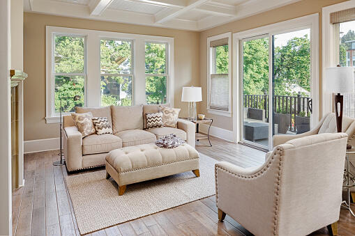 Beautiful living room with hardwood floors in new luxury home