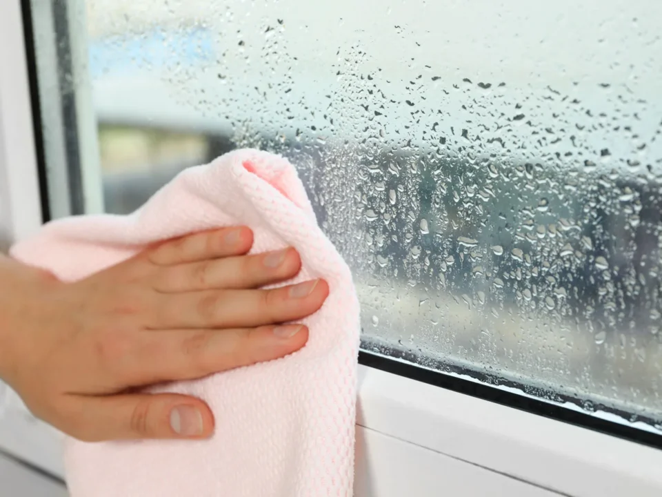 Rainstorm on the large windows of a patio door.