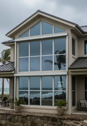 Large hurricane impact windows on a beachfront home with ocean views during stormy weather.